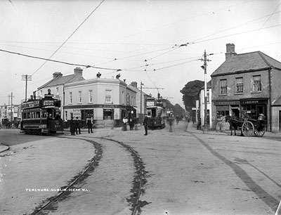 Two trams meet at a Terenure crossroads